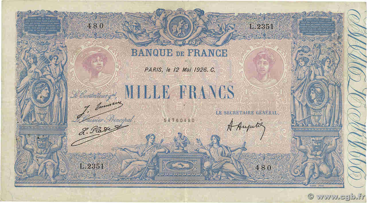 1000 Francs BLEU ET ROSE FRANCIA  1926 F.36.42 BC+