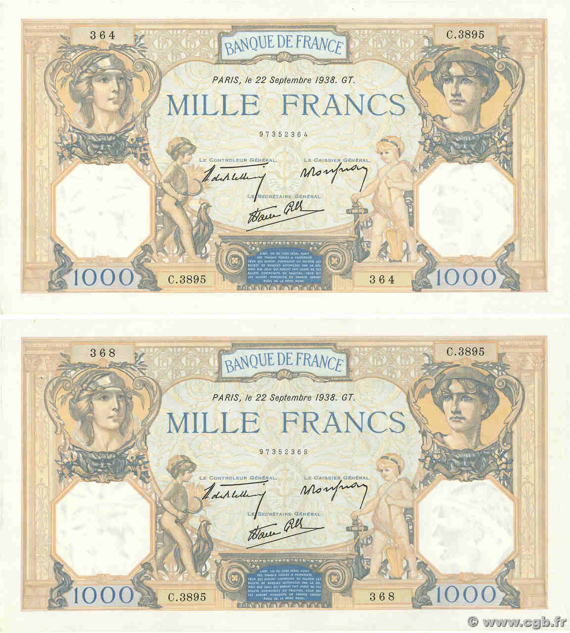 1000 Francs CÉRÈS ET MERCURE type modifié Lot FRANCE  1938 F.38.27 XF+