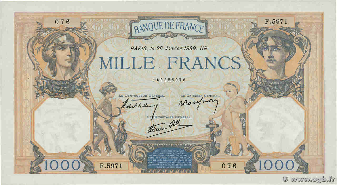 1000 Francs CÉRÈS ET MERCURE type modifié FRANKREICH  1939 F.38.33 VZ+