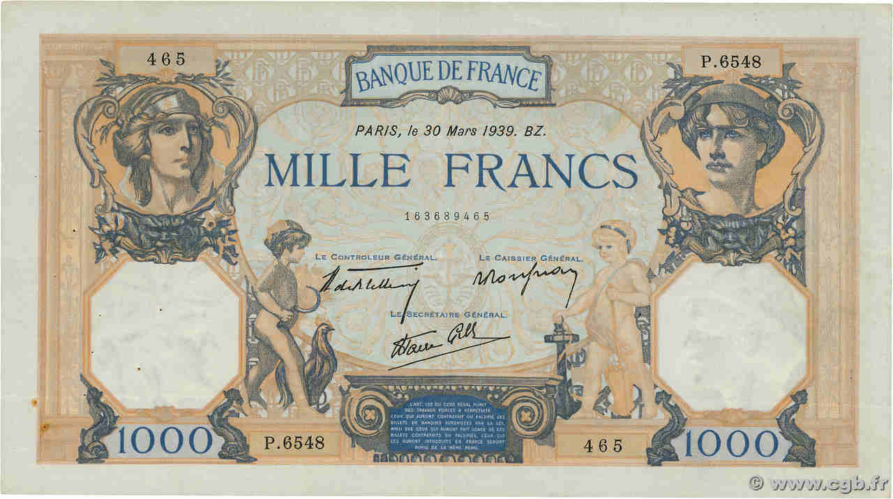 1000 Francs CÉRÈS ET MERCURE type modifié FRANCE  1939 F.38.35 TTB