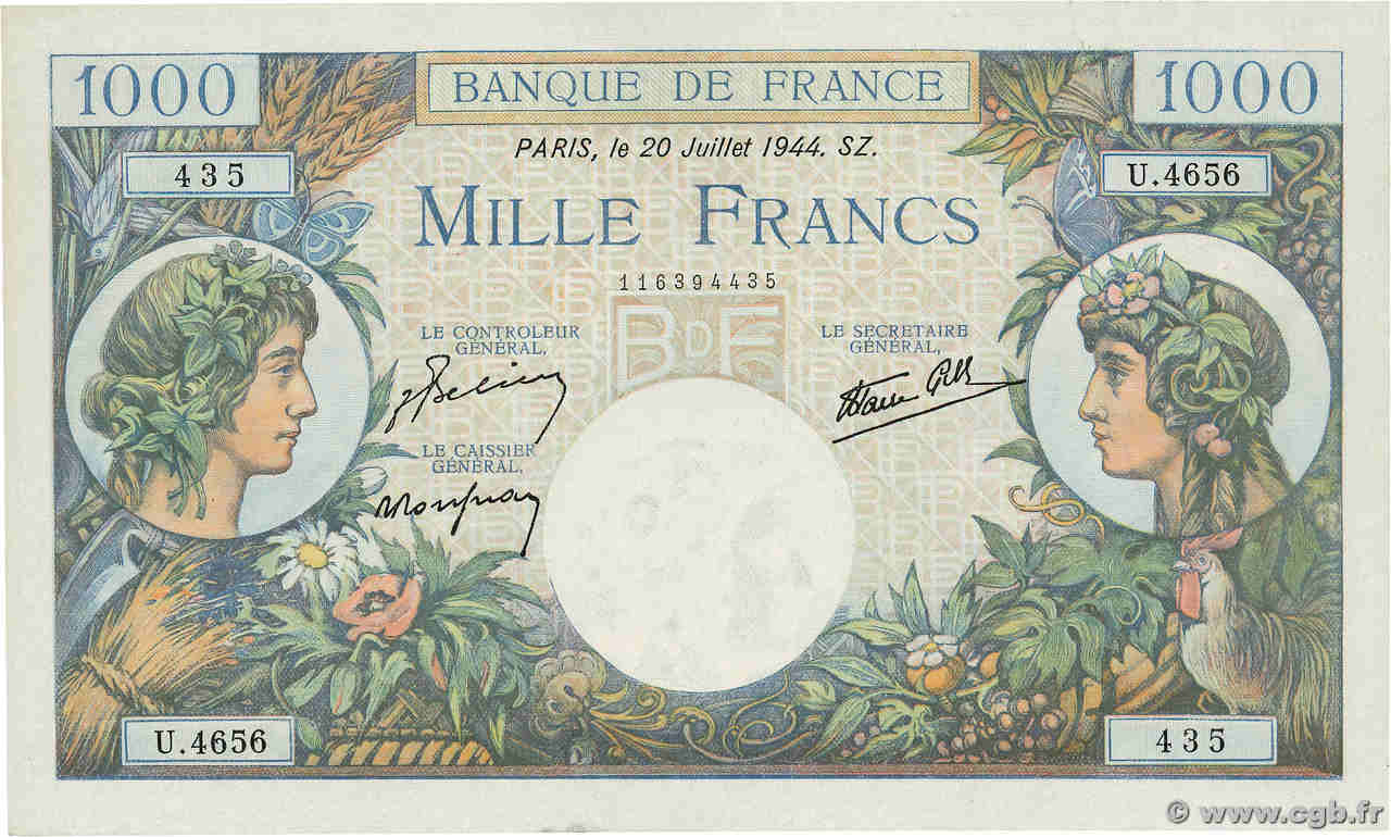 1000 Francs COMMERCE ET INDUSTRIE FRANCE  1944 F.39.12 XF