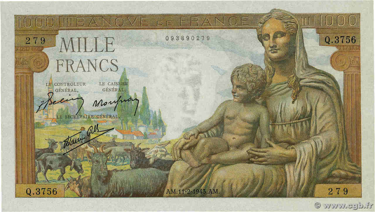 1000 Francs DÉESSE DÉMÉTER FRANKREICH  1943 F.40.18 fST