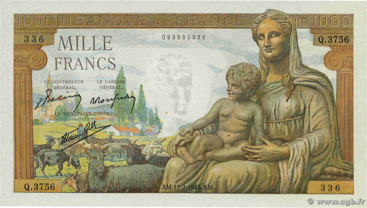 1000 Francs DÉESSE DÉMÉTER FRANCIA  1943 F.40.18 SC+