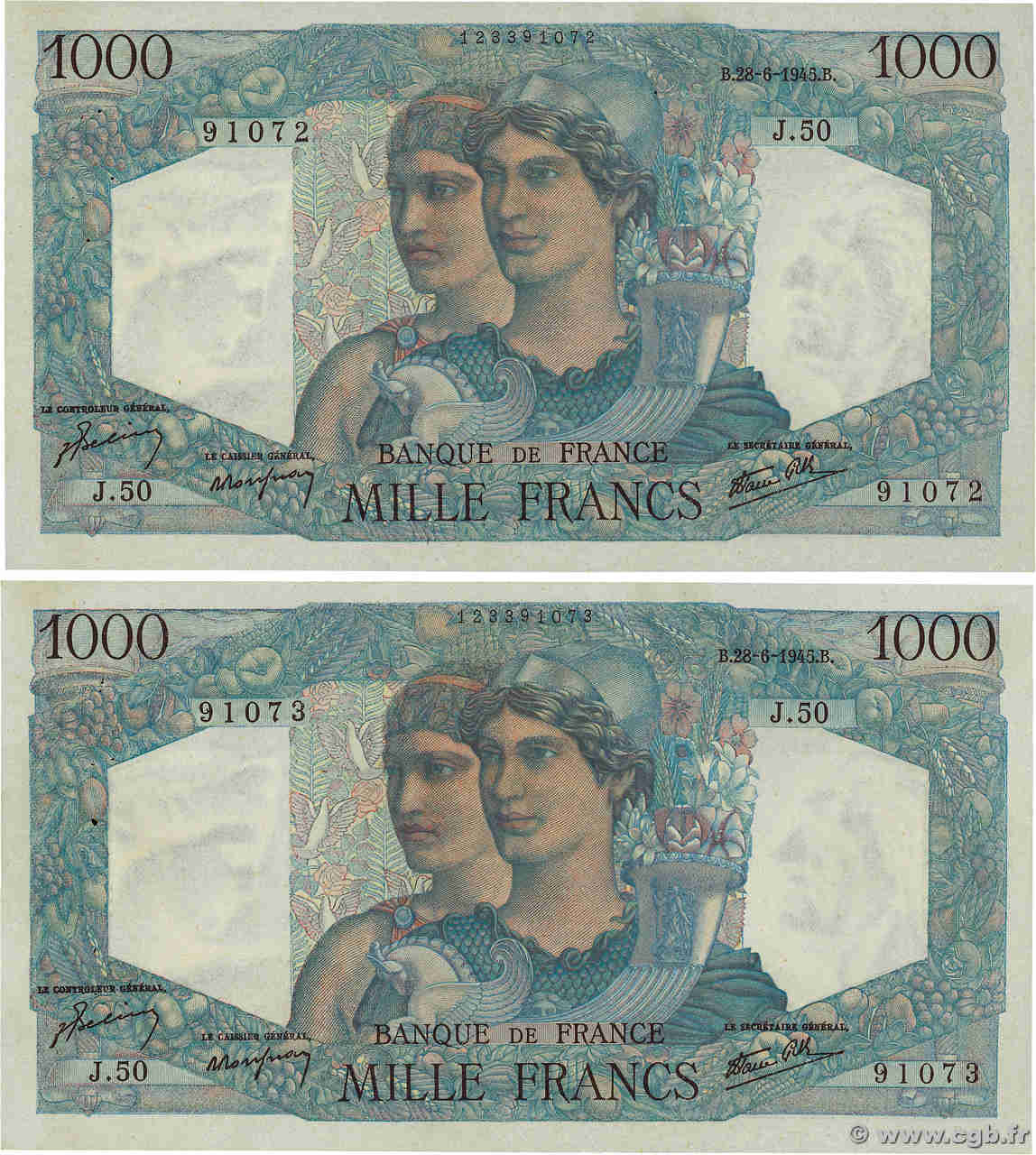 1000 Francs MINERVE ET HERCULE Consécutifs FRANCIA  1945 F.41.05 EBC