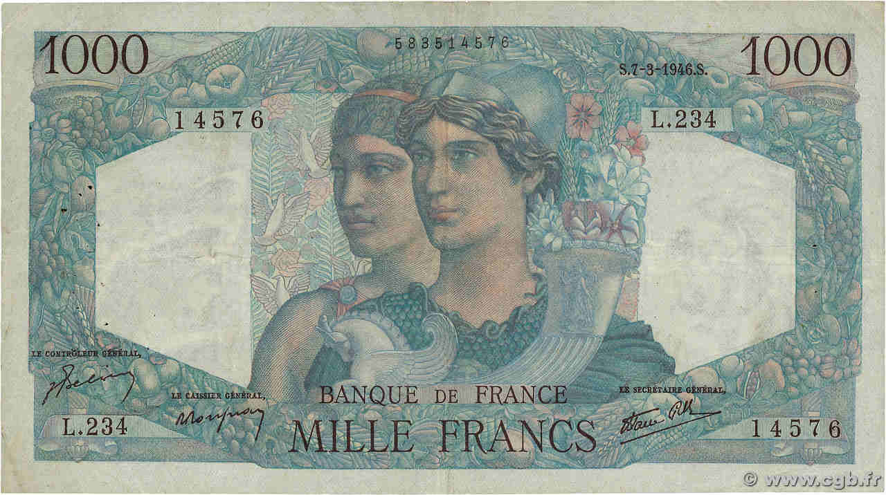 1000 Francs MINERVE ET HERCULE FRANCE  1946 F.41.12 TB+