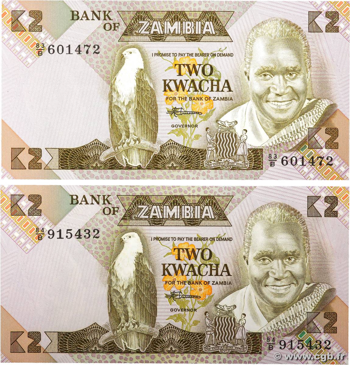 2 Kwacha Lot ZAMBIE  1980 P.24c NEUF