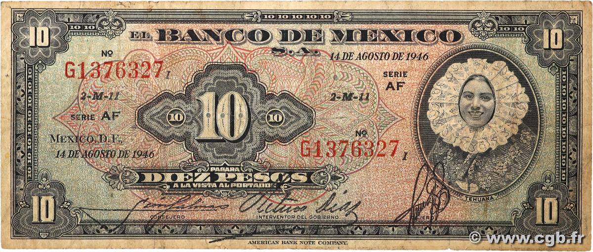 10 Pesos MEXICO  1946 P.047b q.MB