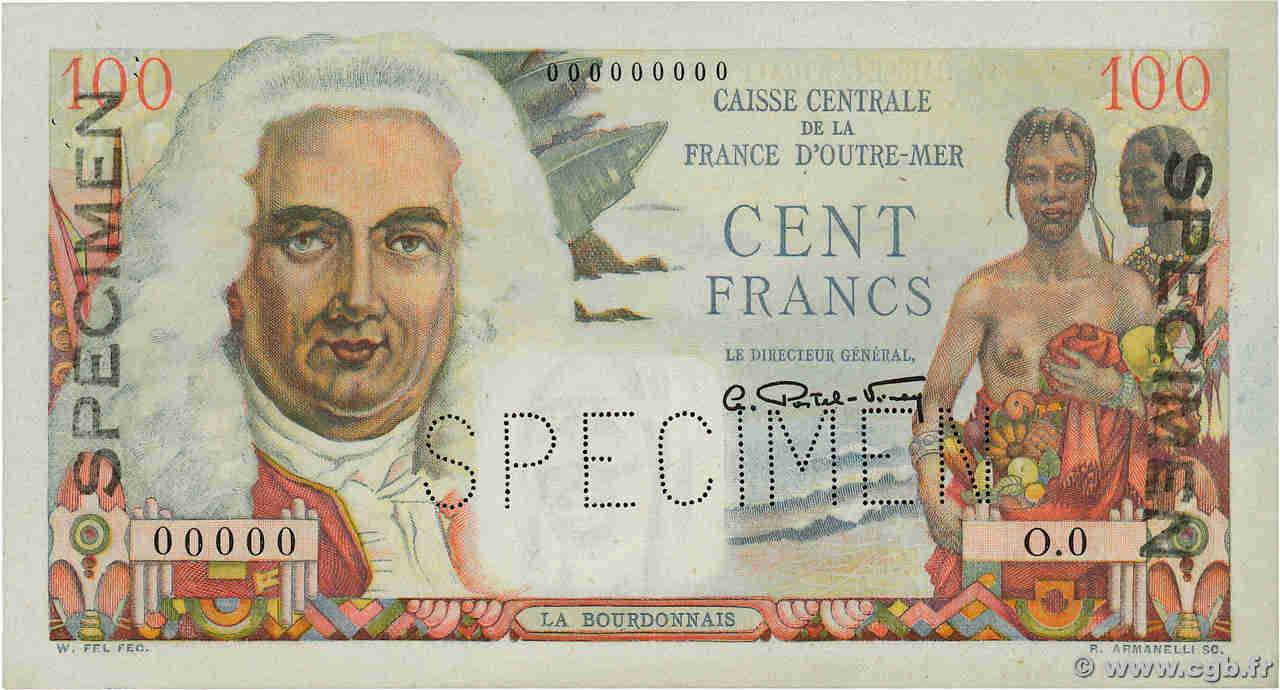 100 Francs La Bourdonnais Spécimen AFRIQUE ÉQUATORIALE FRANÇAISE  1946 P.24s XF+