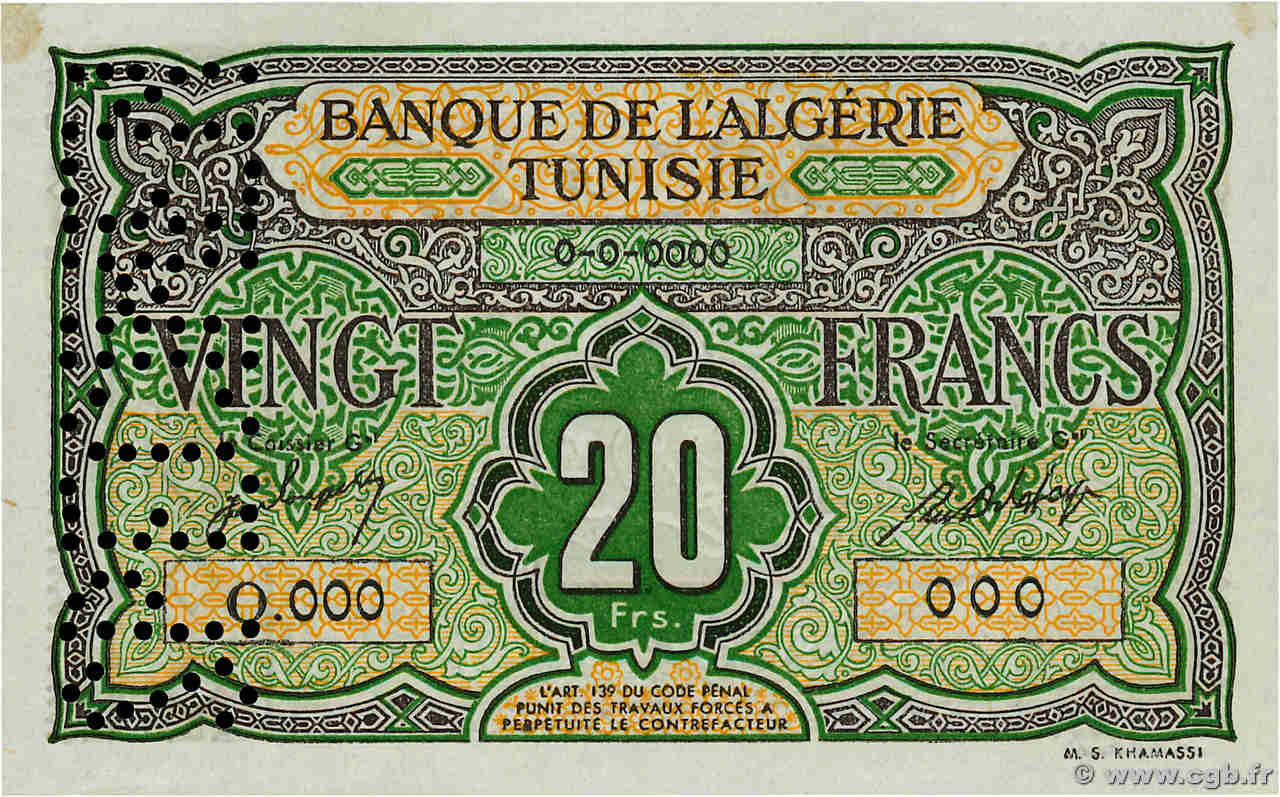 20 Francs Spécimen ARGELIA  1946 P.103s SC+