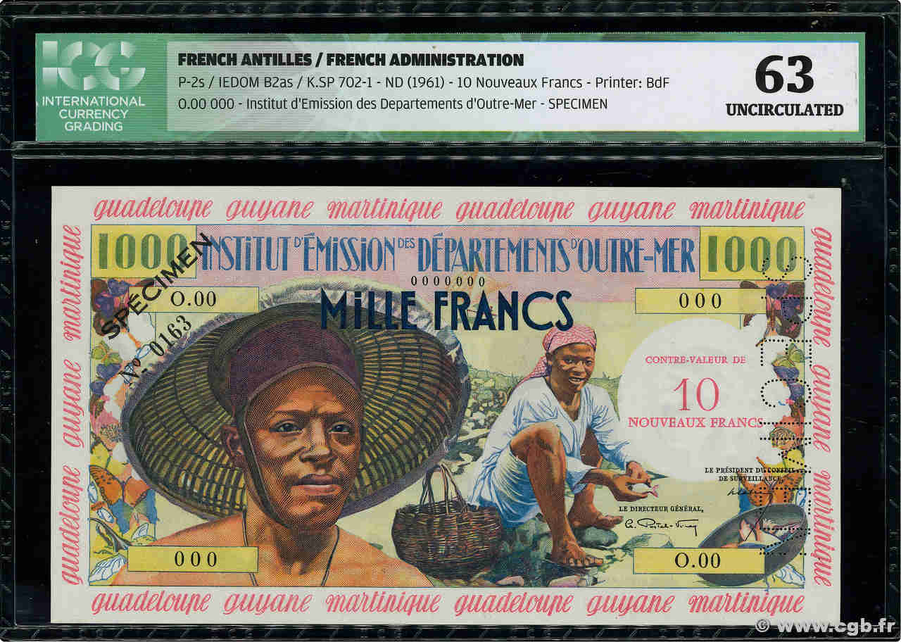 10 Nouveaux Francs sur 1000 Francs Pêcheur Spécimen ANTILLES FRANÇAISES  1960 P.02s pr.NEUF