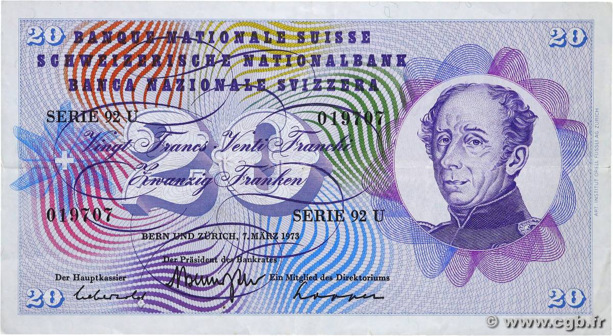 20 Francs SUISSE  1973 P.46u TTB+