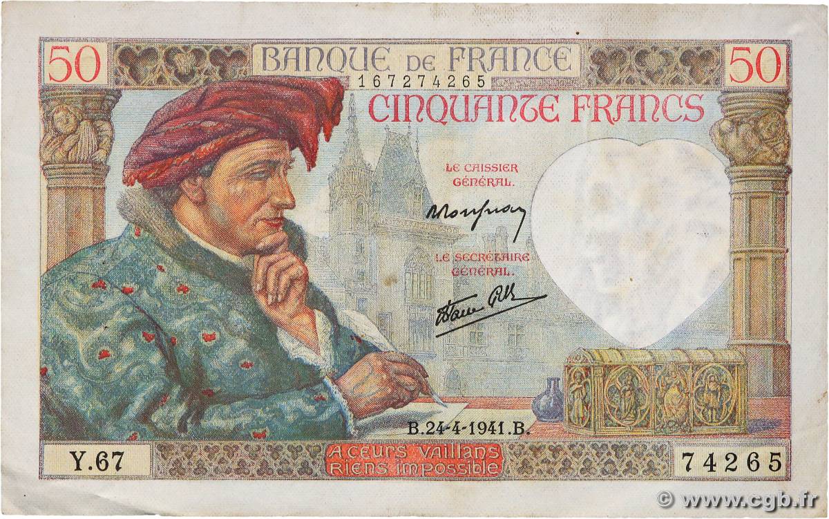 50 Francs JACQUES CŒUR FRANCE  1941 F.19.09 TTB+