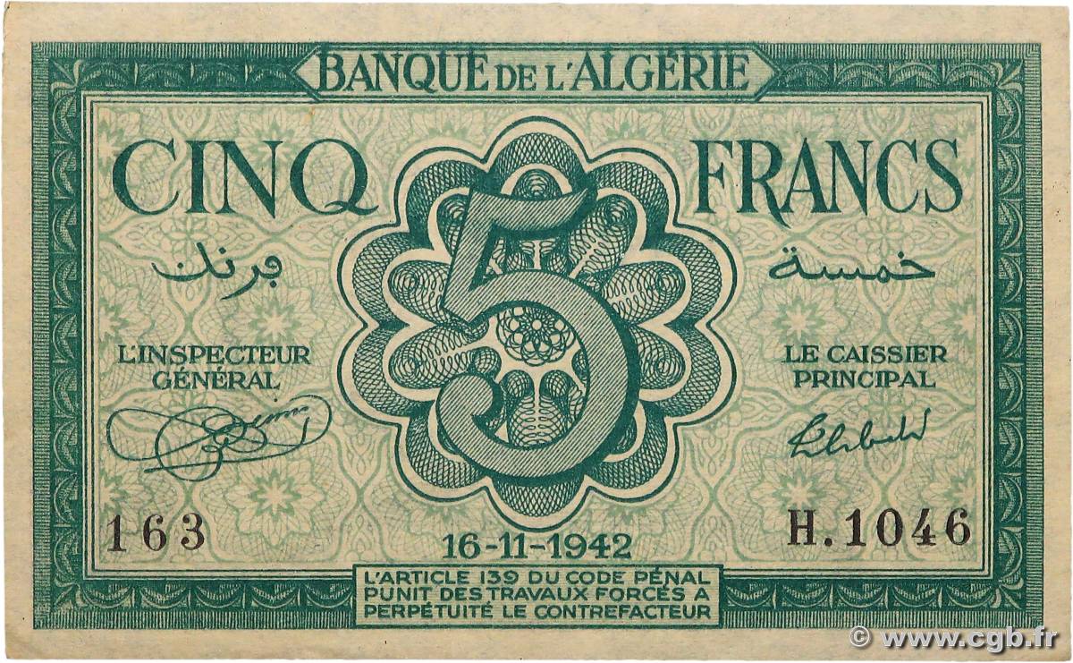 5 Francs ALGERIA  1942 P.091 XF+