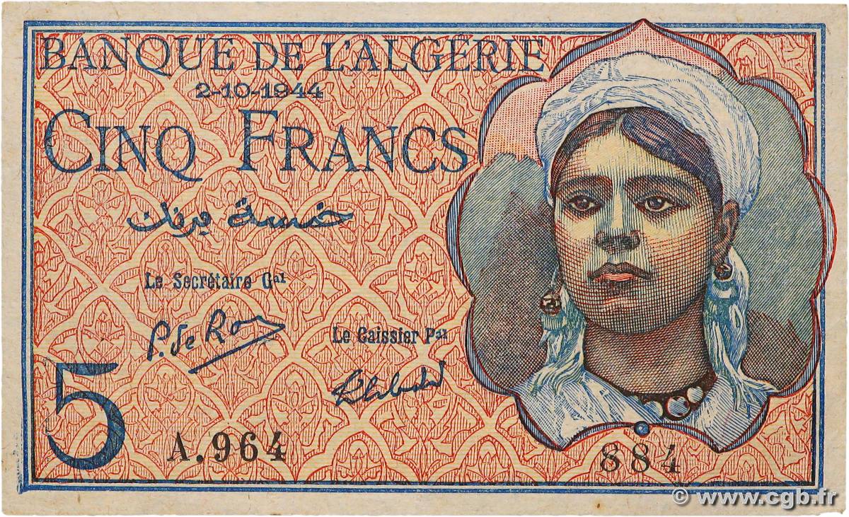 5 Francs ALGÉRIE  1944 P.094a SUP