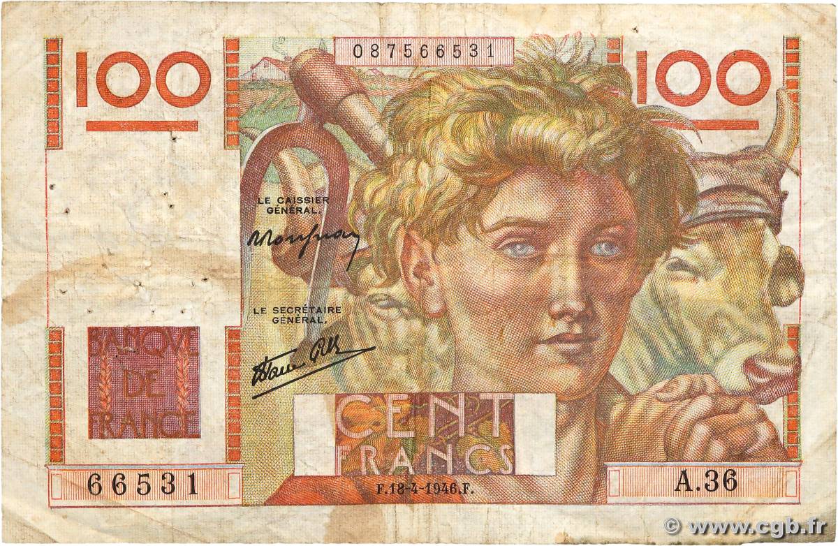 100 Francs JEUNE PAYSAN FRANCE  1946 F.28.03 pr.TB