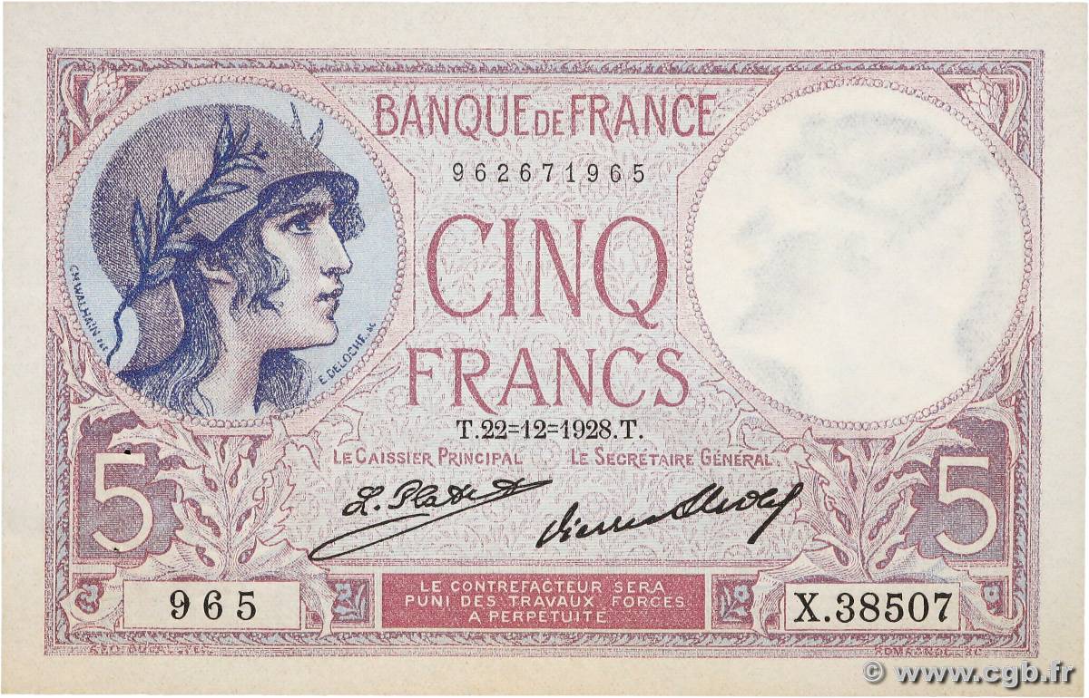 5 Francs FEMME CASQUÉE FRANCE  1928 F.03.12 pr.SUP