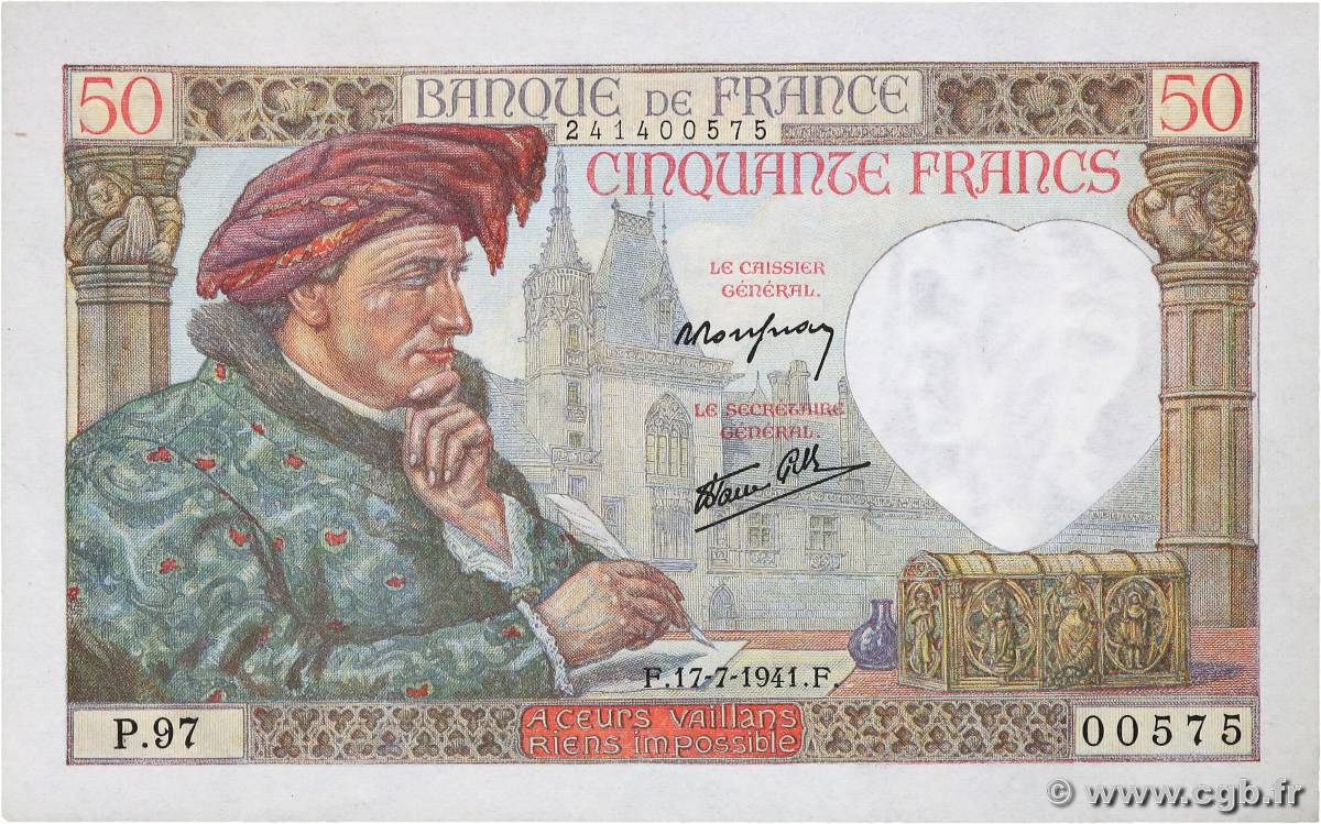 50 Francs JACQUES CŒUR Numéro spécial FRANCE  1941 F.19.12 SPL