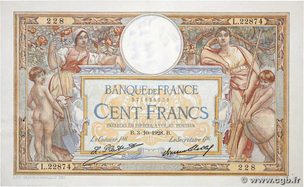 100 Francs LUC OLIVIER MERSON grands cartouches FRANCIA  1928 F.24.07 MBC+