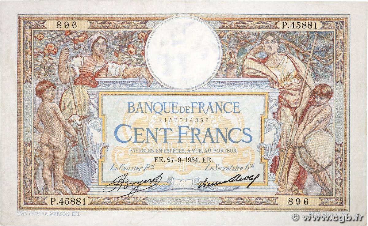 100 Francs LUC OLIVIER MERSON grands cartouches FRANCE  1934 F.24.13 TTB+