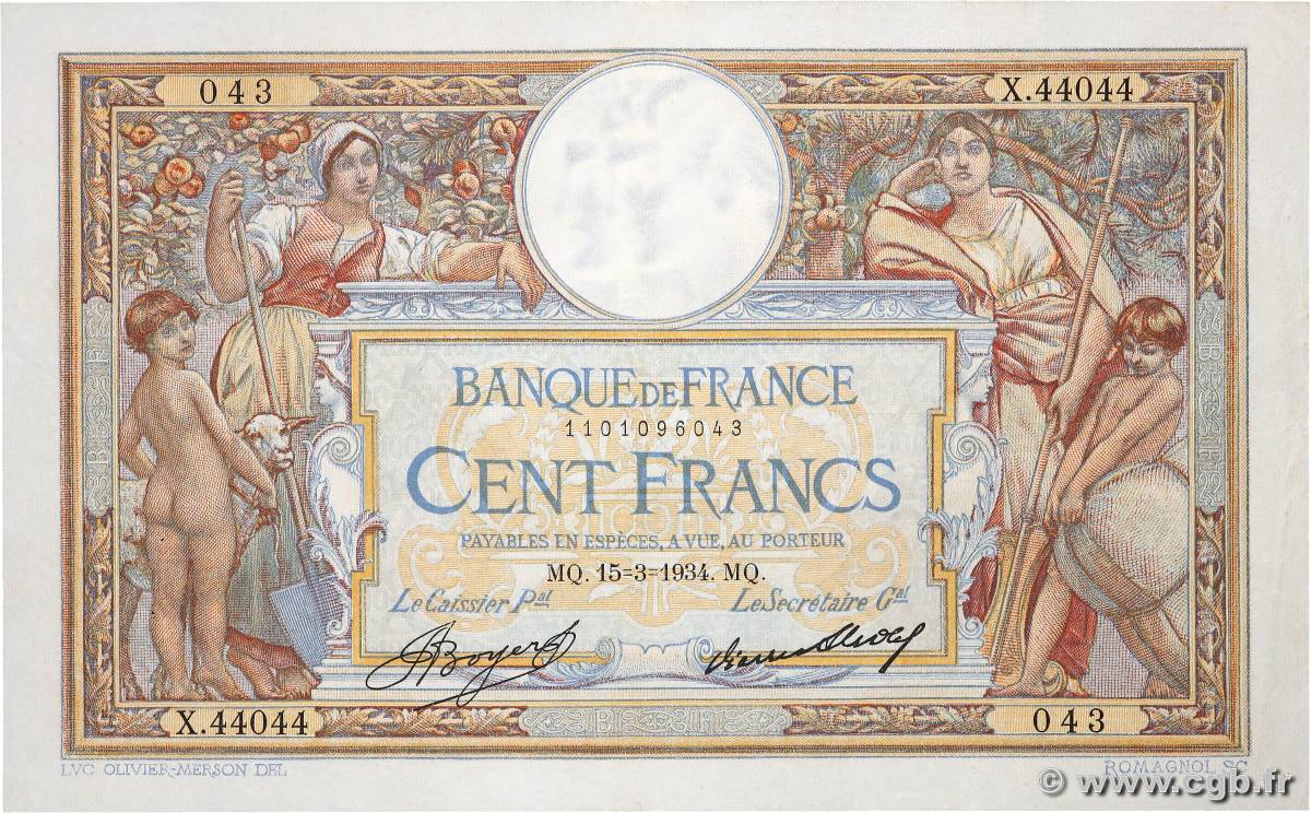 100 Francs LUC OLIVIER MERSON grands cartouches FRANCE  1934 F.24.13 TTB