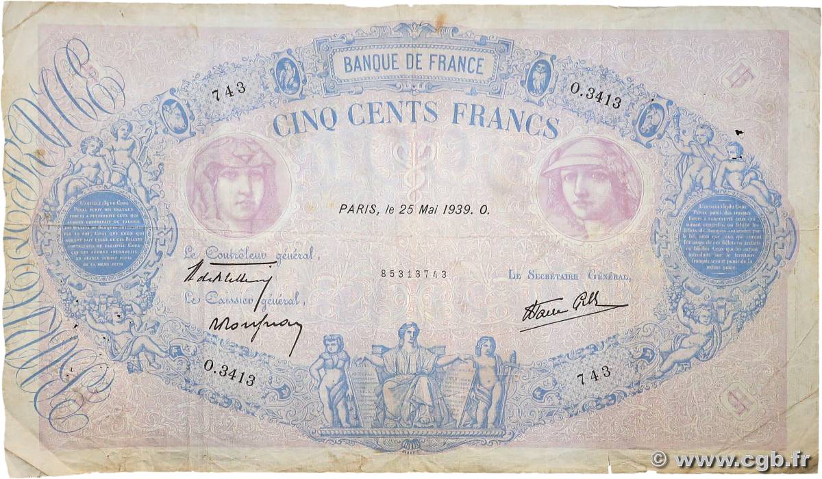 500 Francs BLEU ET ROSE modifié FRANCE  1939 F.31.33 B+