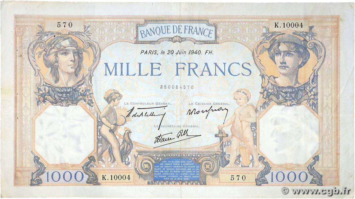 1000 Francs CÉRÈS ET MERCURE type modifié FRANCE  1940 F.38.49 TB+