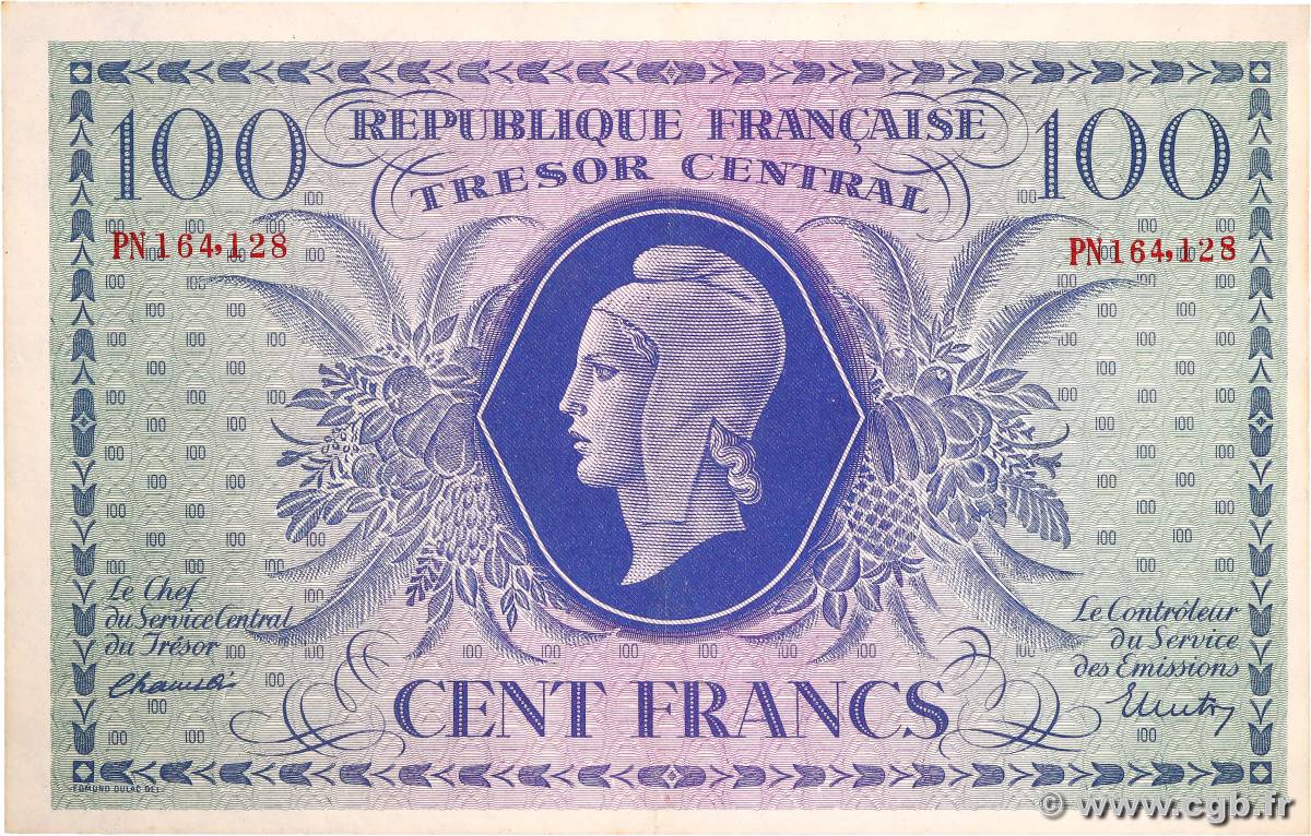 100 Francs MARIANNE FRANKREICH  1943 VF.06.01g fST