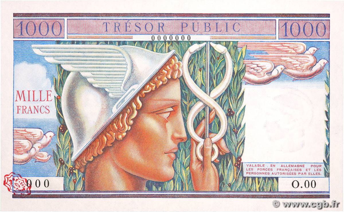 1000 Francs TRÉSOR PUBLIC Spécimen FRANCIA  1955 VF.35.00S q.FDC