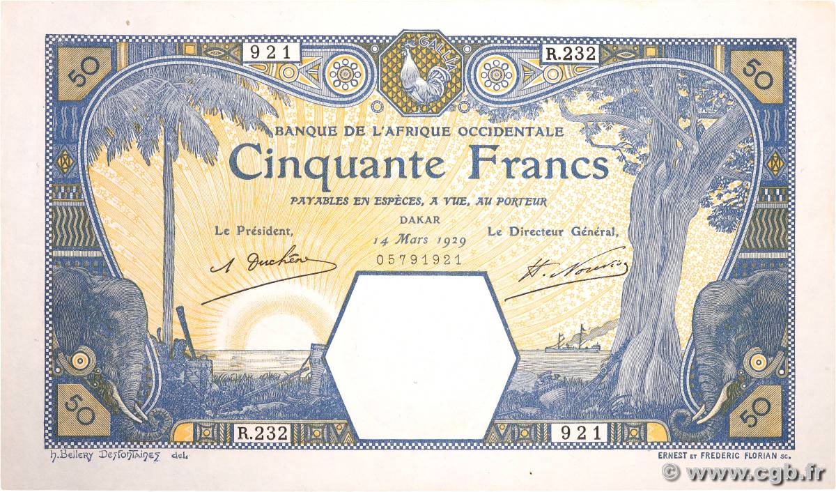 50 Francs DAKAR FRENCH WEST AFRICA Dakar 1929 P.09Bc VF