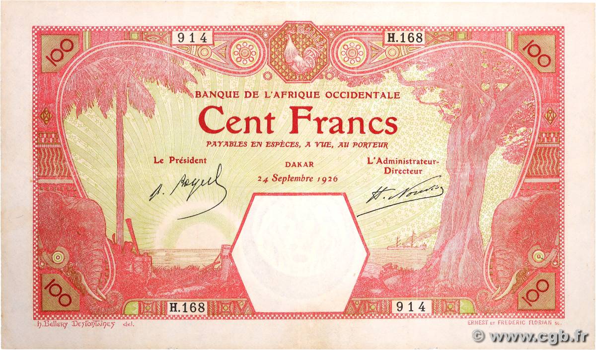 100 Francs DAKAR FRENCH WEST AFRICA Dakar 1926 P.11Bb VF+