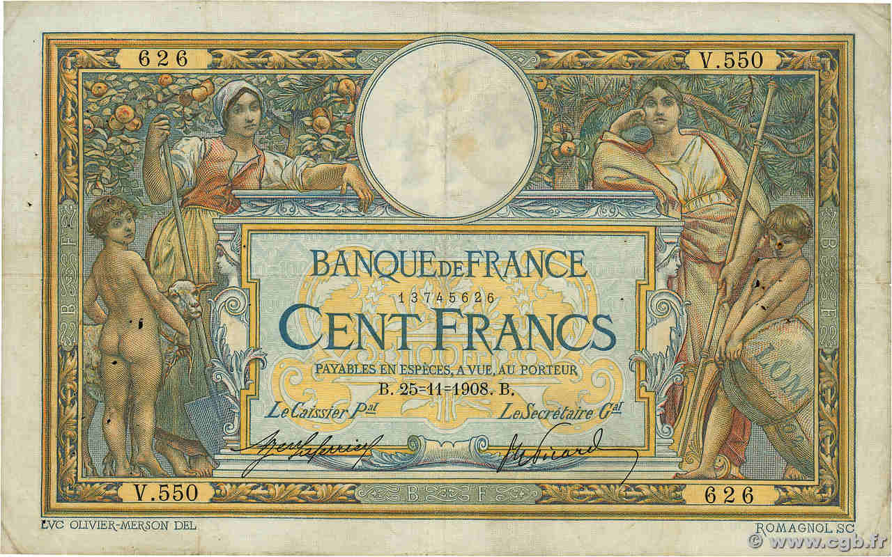 100 Francs LUC OLIVIER MERSON avec LOM FRANCE  1908 F.22.01 F+