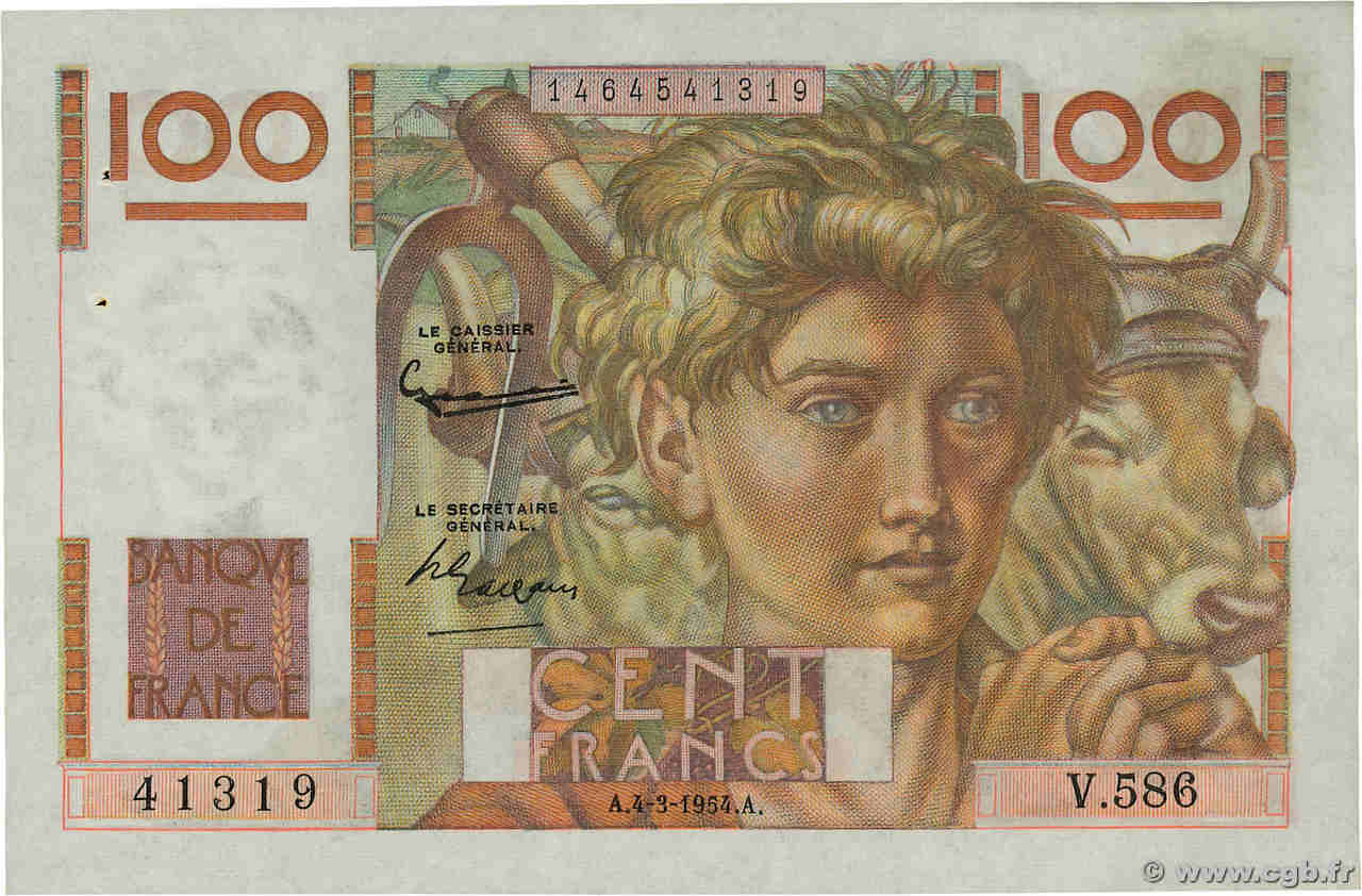 100 Francs JEUNE PAYSAN FRANKREICH  1954 F.28.42 fST