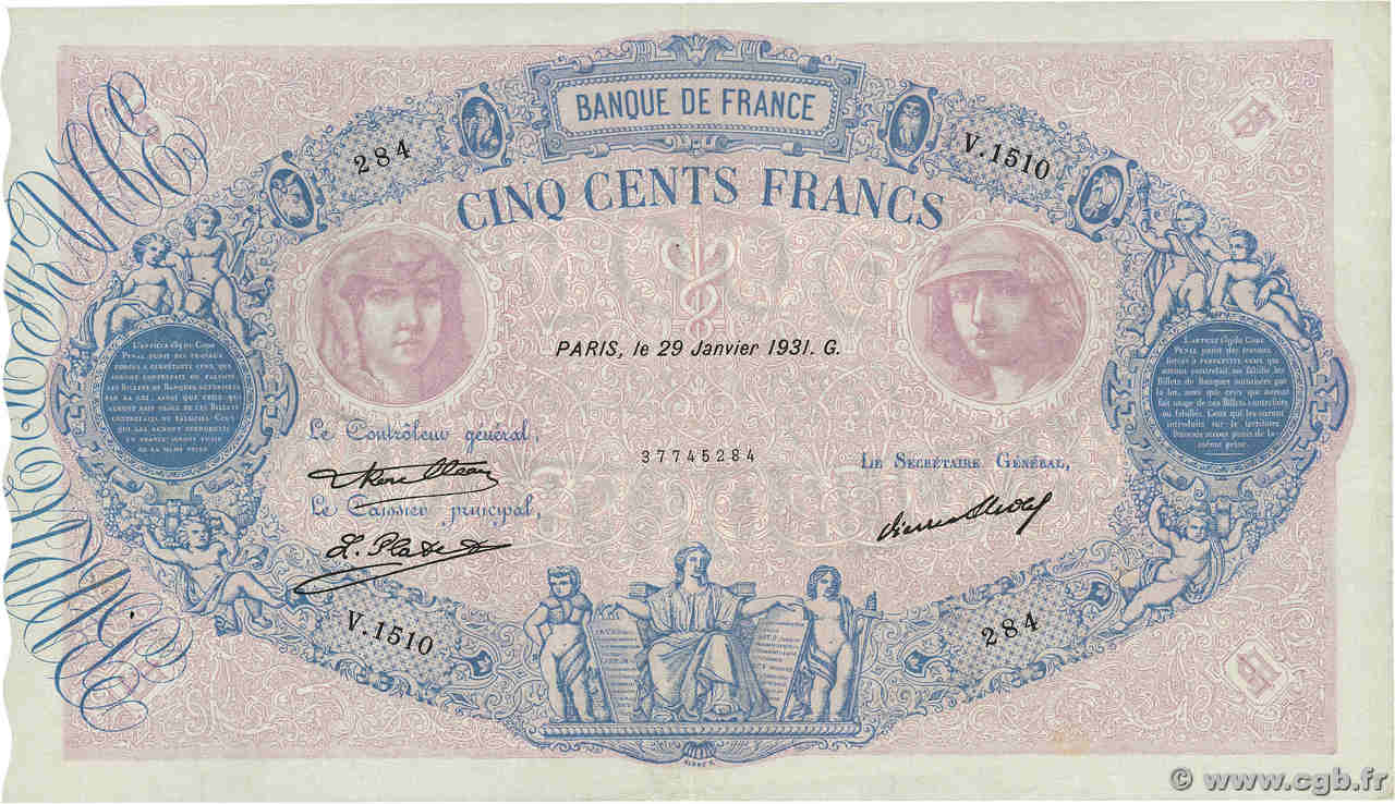 500 Francs BLEU ET ROSE FRANKREICH  1931 F.30.34 VZ