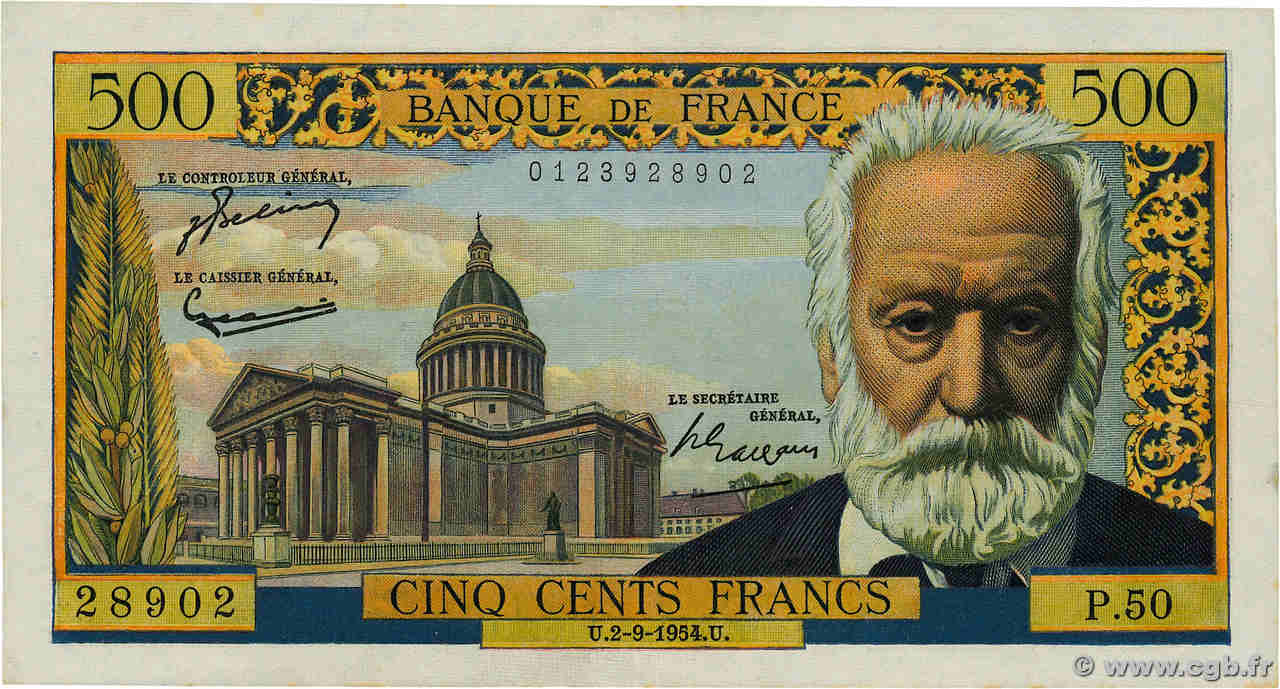 500 Francs VICTOR HUGO FRANCE  1954 F.35.03 TTB+