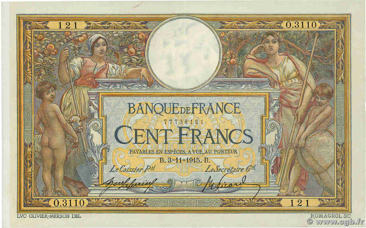 100 Francs LUC OLIVIER MERSON sans LOM FRANKREICH  1915 F.23.07 VZ