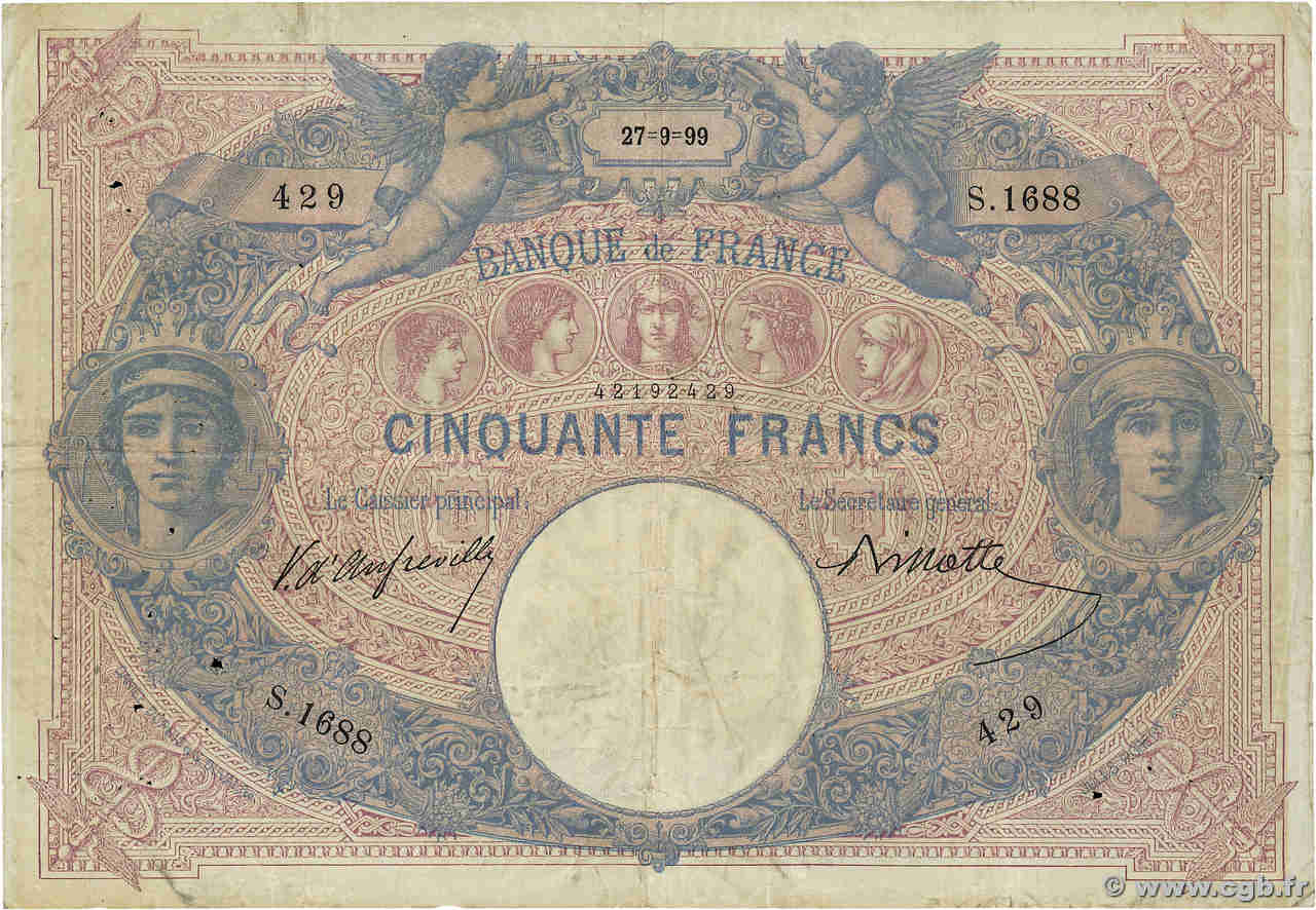 50 Francs BLEU ET ROSE FRANCIA  1899 F.14.11 MB