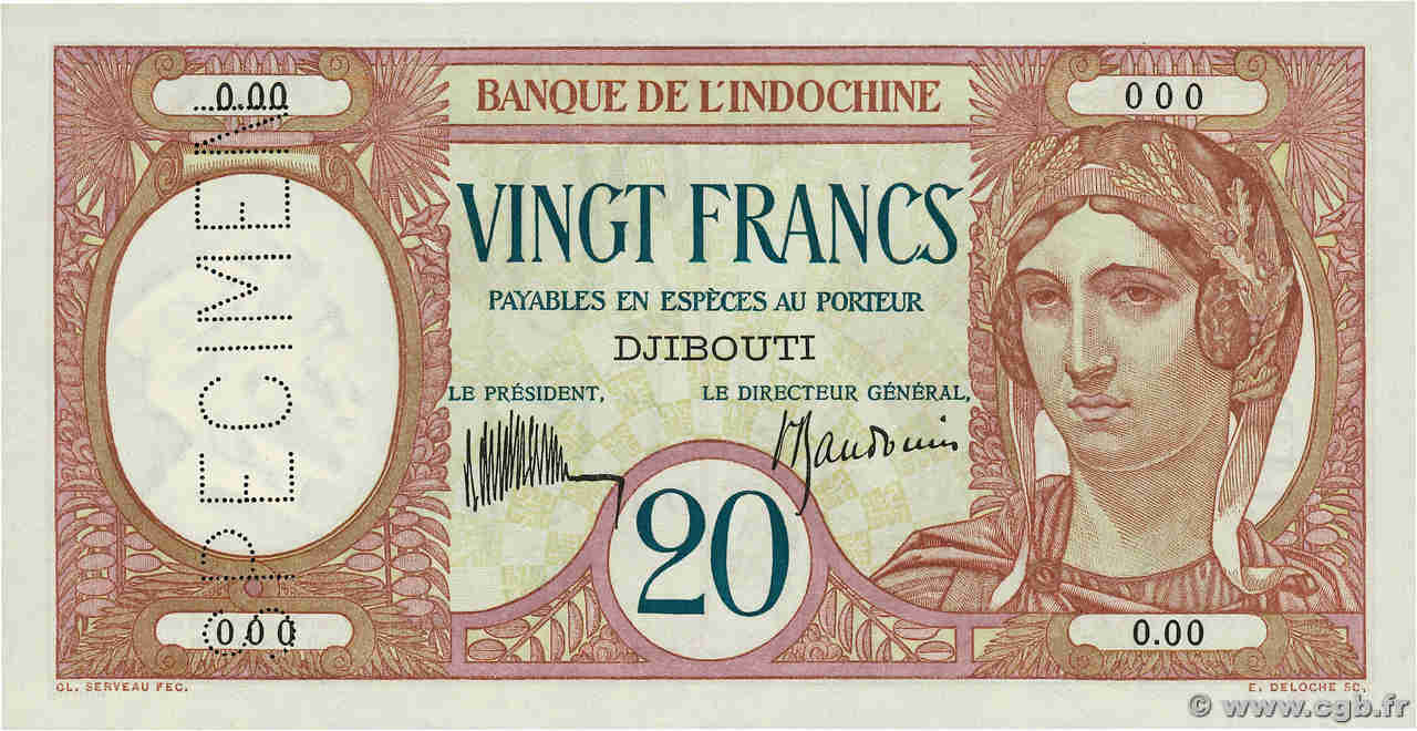 20 Francs Spécimen DJIBOUTI  1936 P.07as UNC