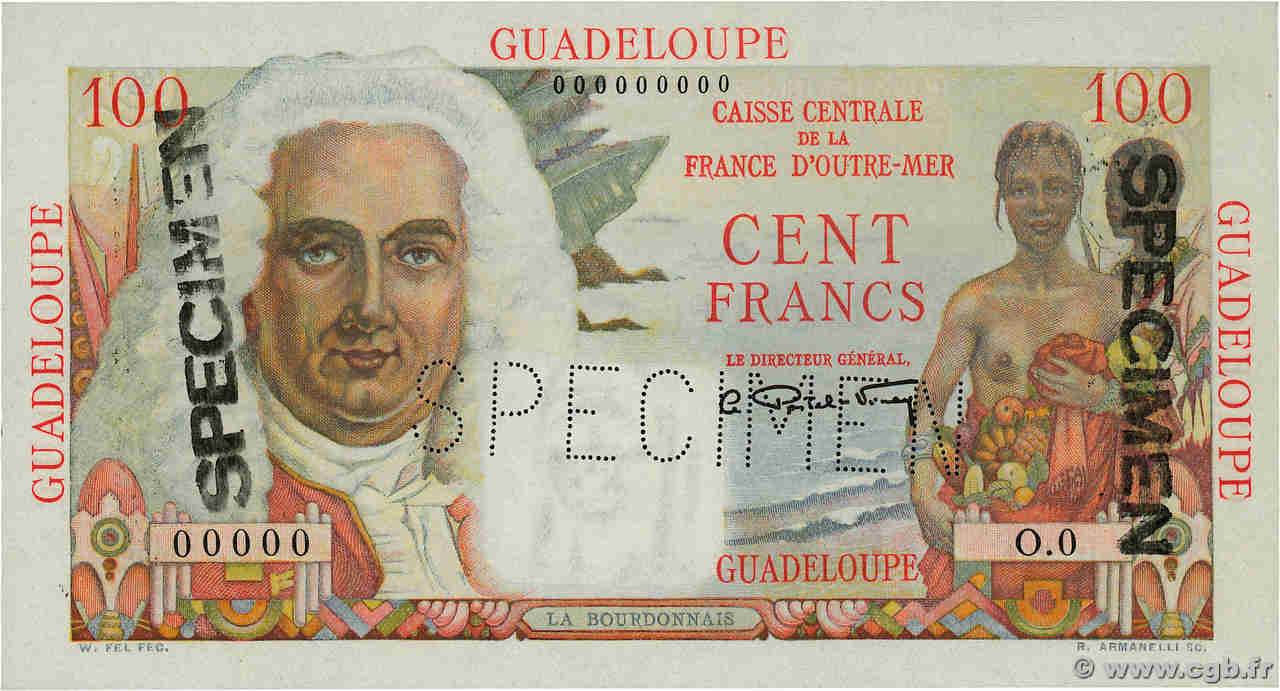 100 Francs La Bourdonnais Spécimen GUADELOUPE  1946 P.35s UNC-