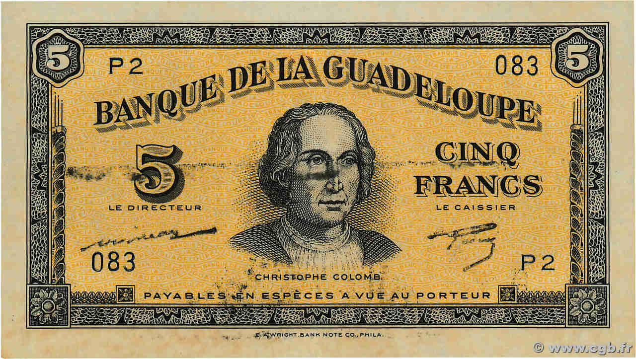 5 Francs GUADELOUPE  1946 P.21a AU-