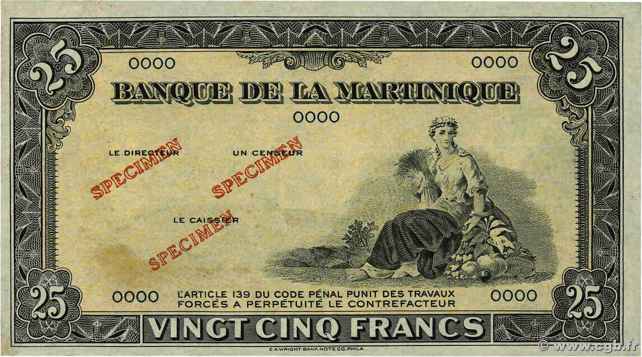 25 Francs Spécimen MARTINIQUE  1943 P.17s SPL