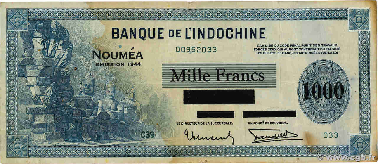 1000 Francs NOUVELLE CALÉDONIE  1944 P.47b BB