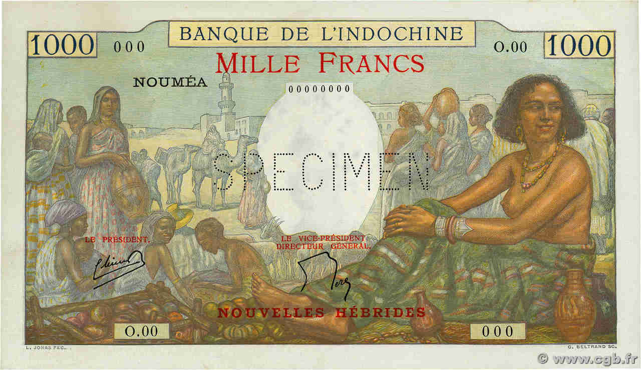 1000 Francs Spécimen NEW HEBRIDES  1945 P.15s UNC-