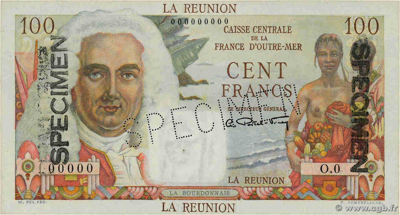 100 Francs La Bourdonnais Spécimen ISOLA RIUNIONE  1946 P.45s q.FDC