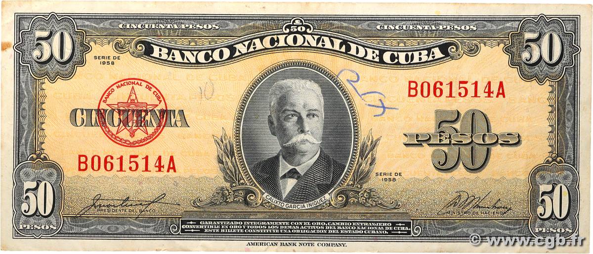 50 Pesos CUBA  1958 P.081b MBC