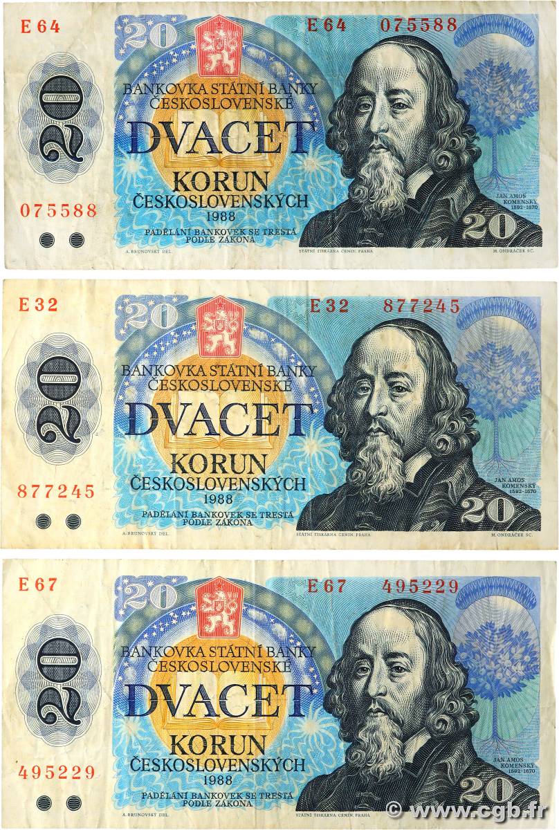 20 Korun Lot CZECHOSLOVAKIA  1988 P.095a F