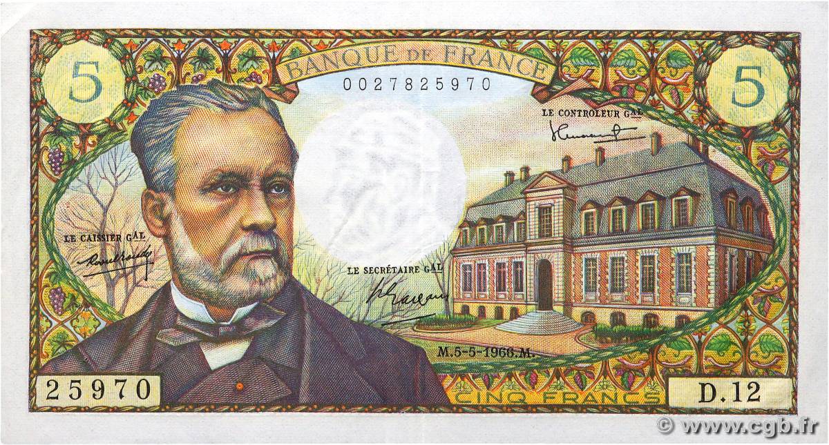 5 Francs PASTEUR FRANKREICH  1966 F.61.01 VZ