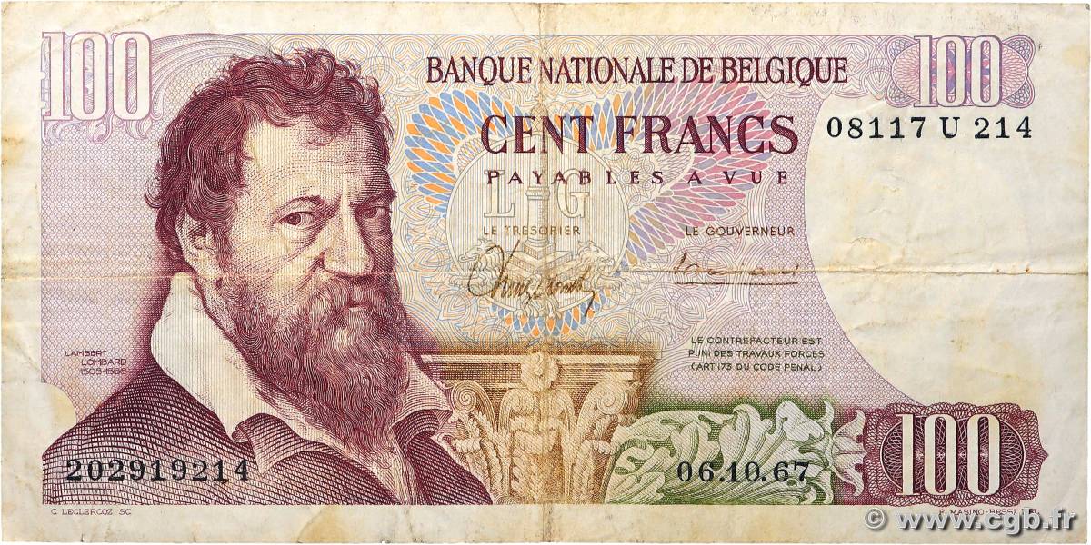 100 Francs BELGIEN  1967 P.134a S