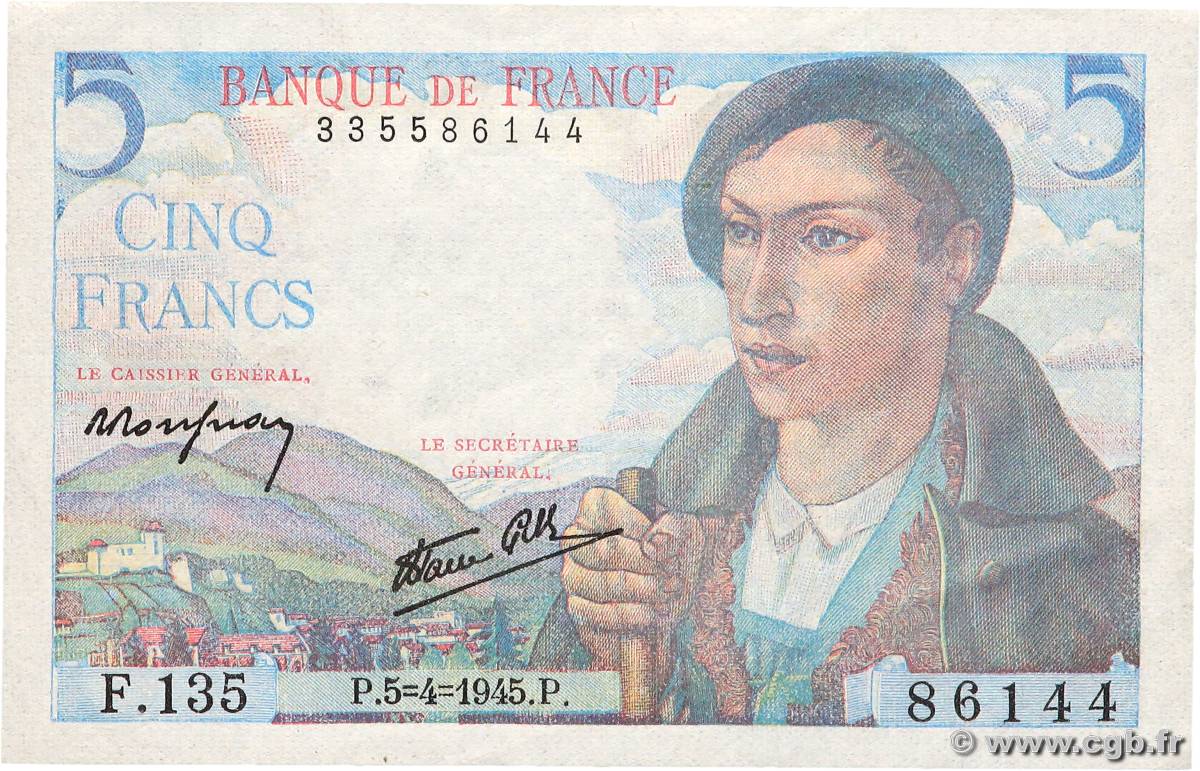 5 Francs BERGER FRANCE  1945 F.05.06 XF+