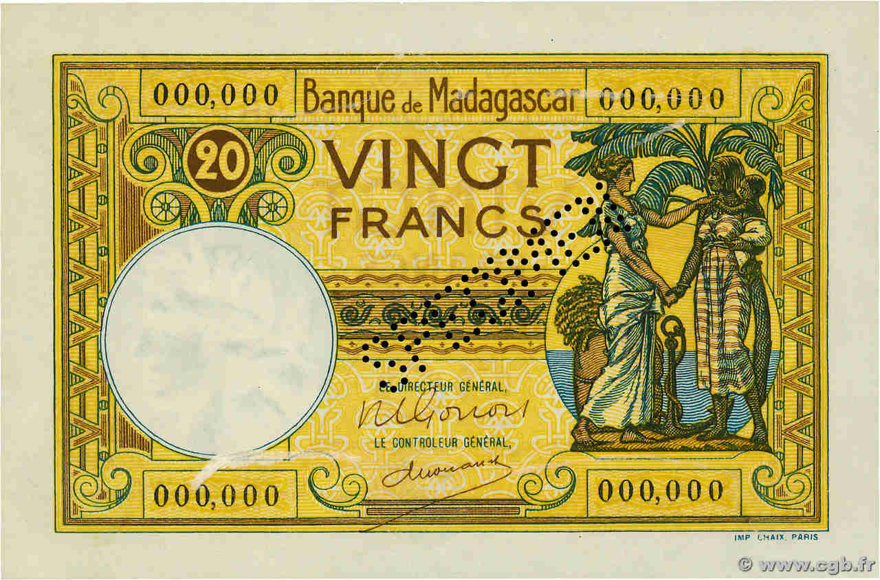 20 Francs Spécimen MADAGASCAR  1948 P.037s EBC+