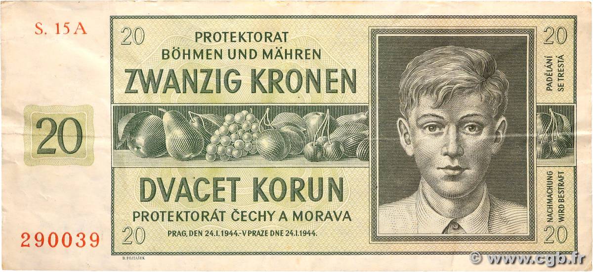 20 Korun BOHEMIA & MORAVIA  1944 P.09a F+